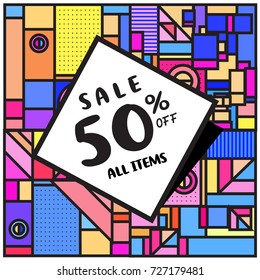 Summer and Autumn sale memphis style web banner. Fashion and travel discount poster. Vector holiday Abstract colorful illustration with special offer and promotion.