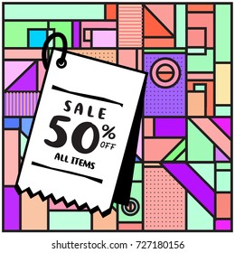 Summer and Autumn sale memphis style web banner. Fashion and travel discount poster. Vector holiday Abstract colorful illustration with special offer and promotion.