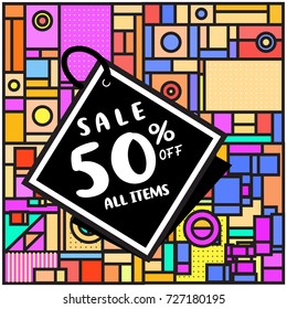 Summer and Autumn sale memphis style web banner. Fashion and travel discount poster. Vector holiday Abstract colorful illustration with special offer and promotion.