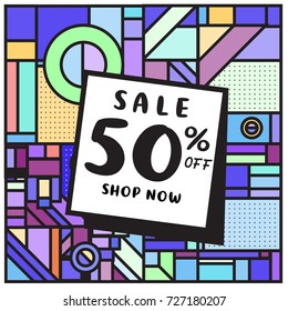 Summer and Autumn sale memphis style web banner. Fashion and travel discount poster. Vector holiday Abstract colorful illustration with special offer and promotion.
