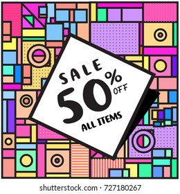 Summer and Autumn sale memphis style web banner. Fashion and travel discount poster. Vector holiday Abstract colorful illustration with special offer and promotion.
