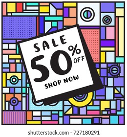 Summer and Autumn sale memphis style web banner. Fashion and travel discount poster. Vector holiday Abstract colorful illustration with special offer and promotion.