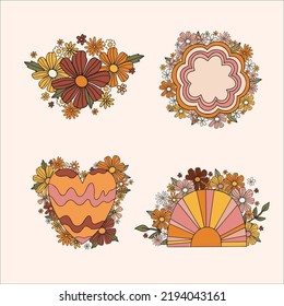 Summer and autumn set with cute doodle flowers. . Modern floristics. Vector illustration. Flowers with ranbow and hearts for print, card, invitation.
