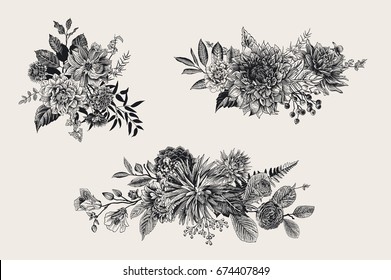 Summer and autumn set floral bouquets. Dahlias, Ruscus, Viburnum, Ranunculus. Modern floristics. Vector illustration. Black and white