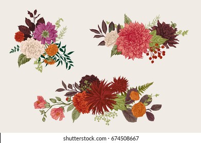 Summer and autumn set floral bouquets. Dahlias, Ruscus, Viburnum, Ranunculus. Modern floristics. Vector illustration. Colorful