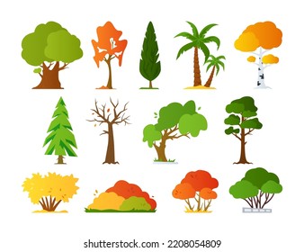 Summer and autumn trees - flat design style objects set. High quality colorful images of green and orange plants. Flora in all its glory. Willow, maple, juniper, linden, poplar or ash. Park or forest