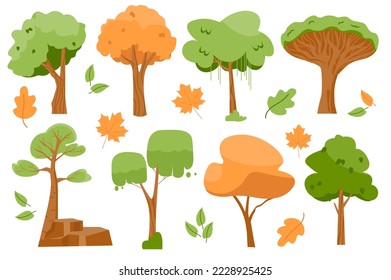 Summer and autumn trees isolated elements set in flat design. Vector illustration.