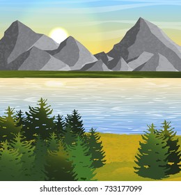 A summer or autumn vector landscape with high realistic mountains, a green beach and a river or a lake. Spruce thickets on the shore.