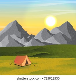 Summer or autumn vector landscape with meadows,  realistic mountains and a red tent for rest. Sunny day