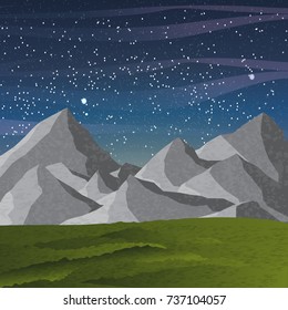 Summer or autumn vector landscape with mountains and meadow. Night skying sky.