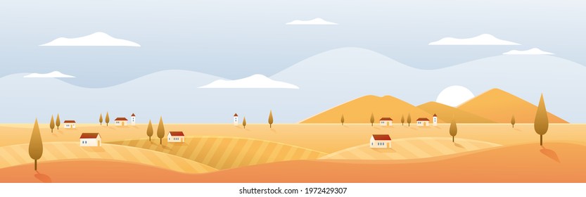 Summer autumn wide panorama landscape with village and sunrise vector illustration. Cartoon farm countryside outdoor view with agricultural farmer houses on golden yellow meadow hills and mountains.