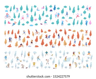 Summer, autumn, winter park horizontal banner. Public park with tiny people flat vector background. Crowd of happy people, outdoor activities.