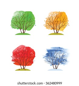 Summer, autumn and winter trees. Fall of the leaves. Trees on an orange, blue and green watercolor background. Sketch, design elements. Vector illustration.