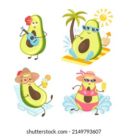 Sommerliche Avocado-Charaktere beginnen am Strand zu schwimmen, Sonnenbaden, Kokosnuss trinken und Ukulele spielen. Cute summer Avocado cartoons design einzeln auf weißem Hintergrund für T-Shirts, Aufkleber usw.