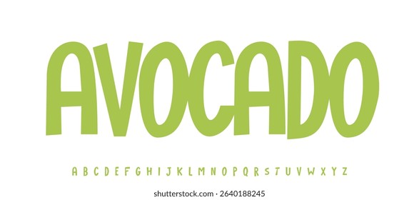 Summer Avocado fruit, joyful lettering, cartoon funny typography. Childish font for friendly logo headline of culinary recipe book, sweets, ice cream, salad. Food typographic design. Vector typeset.
