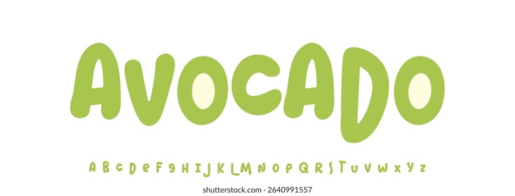 Summer Avocado, joyful lettering, cartoon rounded typography. Childish font for friendly logo headline of culinary recipe book, sweets, ice cream title. Food typographic design. Vector typeset.
