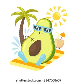 Summer avocado sunbathing under palm tree and sun - summer vibes print for t-shirts, greeting cards, stickers. Cute avocado on beach cartoon vector illustration eps10