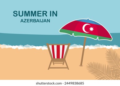 Summer in Azerbaijan, beach chair and umbrella, vacation or holiday in Azerbaijan, vacation concept vector design, summer holiday, sea sand sun, travel and tourism idea