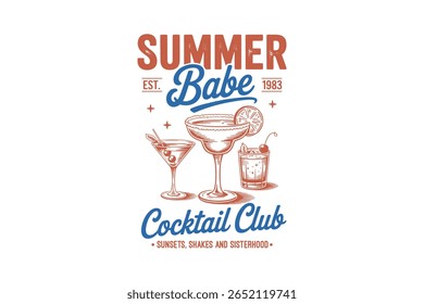 Summer Babe Cocktail Club Retro Verão Beber Tipografia T Shirt Design