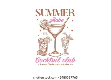 Summer Babe Cocktail Club Vintage Summer Cocktail T shirt Design