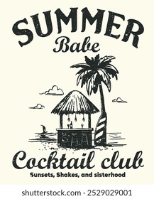 Diseño de camiseta de cóctel de verano del club de cóctel del bebé del verano de Antiguas, diseño gráfico de la camiseta de la impresión del paraíso de la playa, lema de la tipografía en el fondo de las palmeras, diseño del cartel del partido. Bebidas.