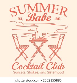 Summer Babe Cocktail Club, diseño de camiseta de cóctel de verano de Antiguas, dibujo de mano de vibraciones de verano, eslogan de playa de verano con ilustración de playa, diseño de póster de fiesta. Bebidas, Cócteles,