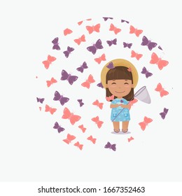 Summer babygirl in the hat with butterfly net surrounded by butterflies 
