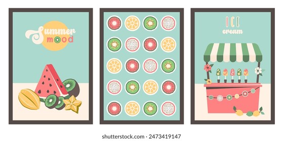 Summer bacckgrounds set. Pink Ice cream stand decorated tropical flowers, fruit garlands. Composition of trpical fruits. Frozen yogurt. Ice cream truck. Tasty summer food. Vector illustration