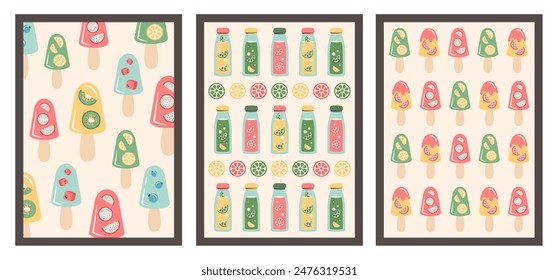 Summer bacckgrounds set. Pink yellow blue Ice cream with slice of tropical fruits. Frozen yogurt. Lemonade bottles. Citrus juicy with various flavor. Tasty summer food. Vector illustration