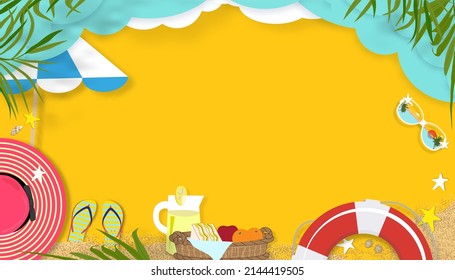 Summer backdrop with beach vacation holiday theme with copy space on yellow background, Vector flat lay banner paper cut of tropical summer design, palm leaf and cloud on blue sky layer