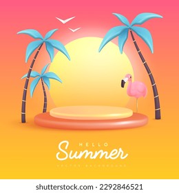 Summer background with 3D plastic palm trees and flamingo. Hello Summer poster. Vector illustration