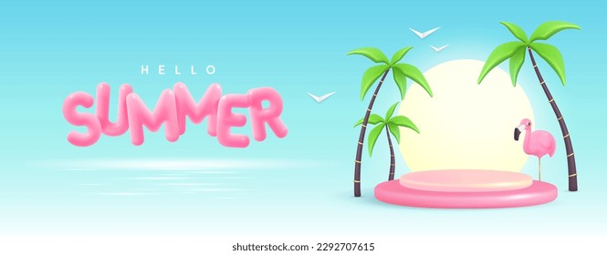 Fondo de verano con texto de plástico 3D, palmeras y flamingo. Afiche de verano de Hola. Ilustración del vector