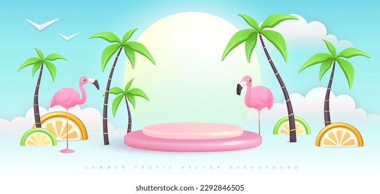 Summer background with 3D plastic tropic fruits, palm trees and flamingo. Vector illustration