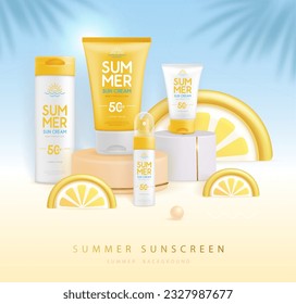 Summer background with 3d podium and set of sunscreens with slices of lemon or orange. Colorful summer scene. Vector illustration