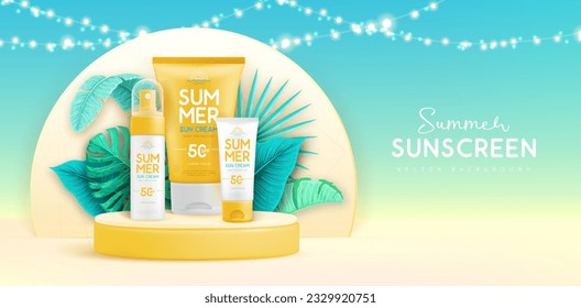 Summer background with 3d podium, set of sunscreen tubes and tropic leaves. Colorful summer scene. Vector illustration