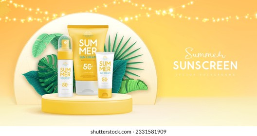 Summer background with 3d podium, set of sunscreen tubes and tropic leaves. Colorful summer scene. Vector illustration