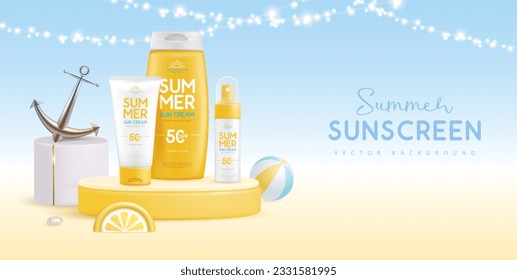 Summer background with 3d podium and set of sunscreens with slices of lemon or orange. Colorful summer scene. Vector illustration