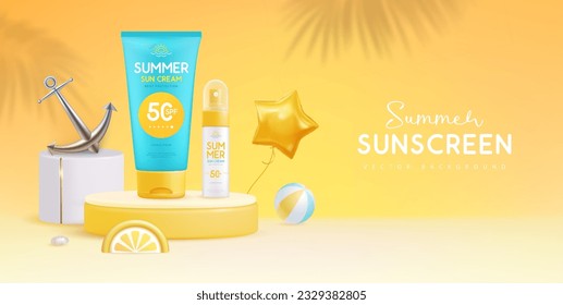 Summer background with 3d podium and sunscreen tube with slice of lemon or orange. Colorful summer scene. Vector illustration