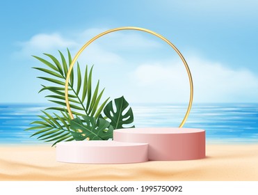 summer background 3d product display platform scene with palm leaves platform. sky cloud summer background vector 3d render on the ocean display. podium on sand beach cosmetic product display stand