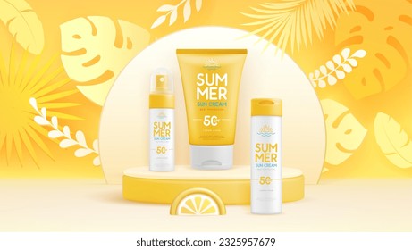 Summer background with 3d set of sunscreen tubes and tropic leaves. Colorful summer scene. Vector illustration