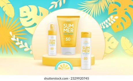 Summer background with 3d set of sunscreen tubes and tropic leaves. Colorful summer scene. Vector illustration