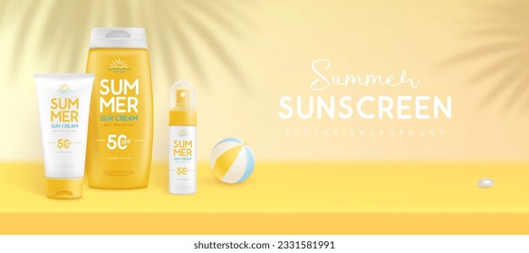 Summer background with 3d  set of sunscreens and palm leaf shadow. Colorful summer scene. Vector illustration