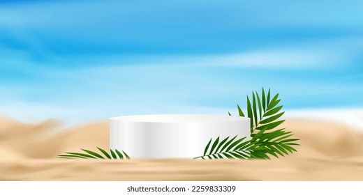 Summer background 3d Stand Podium with coconut palm leaves on Beach sand by Sea Shore with blue sky,Natural seascape tropical beach with blurred horizon,Vector backdrop banner cosmetic product display