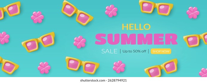 Summer background with 3d sunglasses and pink flowers pattern. Modern vector shopping banner design.