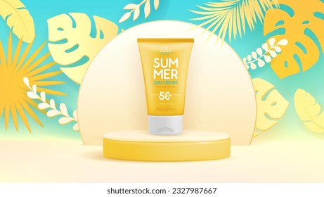 Sommerhintergrund mit 3D-Sonnenschutzröhre und tropischen Blättern. Farbige Sommerszene. Vektorgrafik