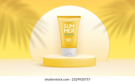 Summer background with 3d sunscreen tube and palm leaf shadow. Colorful summer scene. Vector illustration