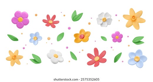 Summer background with 3d various flowers, leaves and colored dots. Plasticine buds. Decorative floral clay elements. Vector illustration.