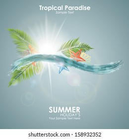 Summer background. Abstract blue wave with seashells, palm leaves and the sun. Vector illustration of fresh bright