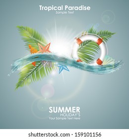 Summer background. Abstract blue wave with lifebuoy, seashells, palm leaves and the sun. Vector illustration of fresh bright