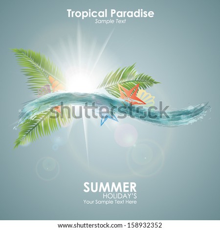 Summer background. Abstract blue wave with seashells, palm leaves and the sun. Vector illustration of fresh bright